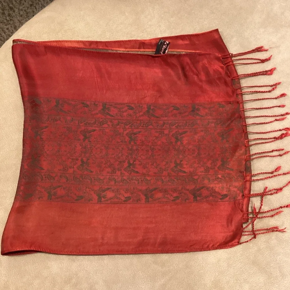 Lua Ha Dong Vintage 100% Silk Scarf, Intricate print of floral/bird, fringe